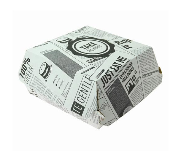 Hamburgerbox "Times"  weiß mit schwarzem Druck 130x130x70mm, 200 Stück