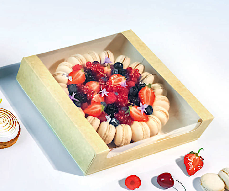 Tortenkarton braun mit Sichtfenster 20x20x6cm, 9x50 Stück