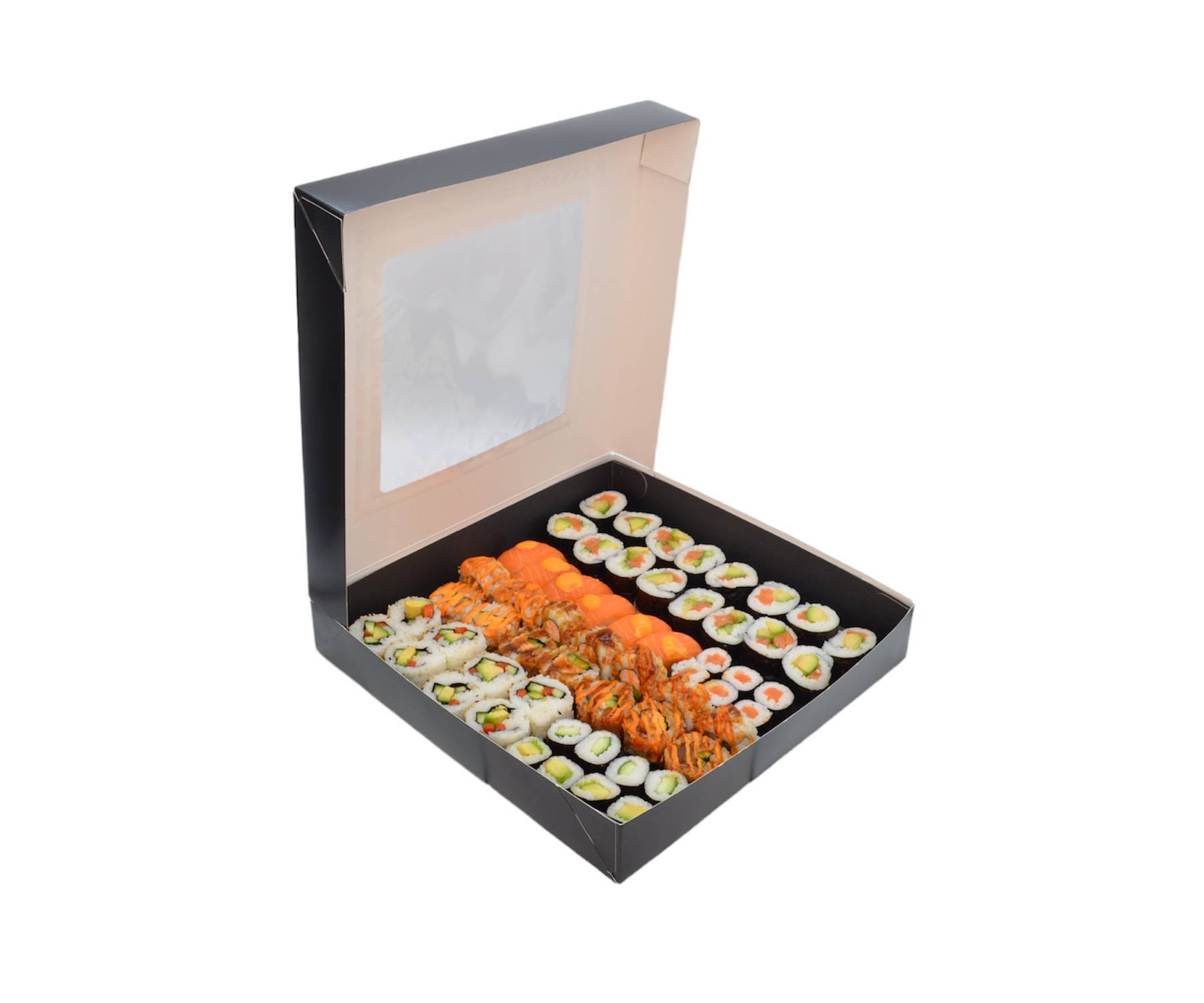 Sushi Box Schwarz mit PP-Sichtfenster 320x320x50mm, 150 Stück